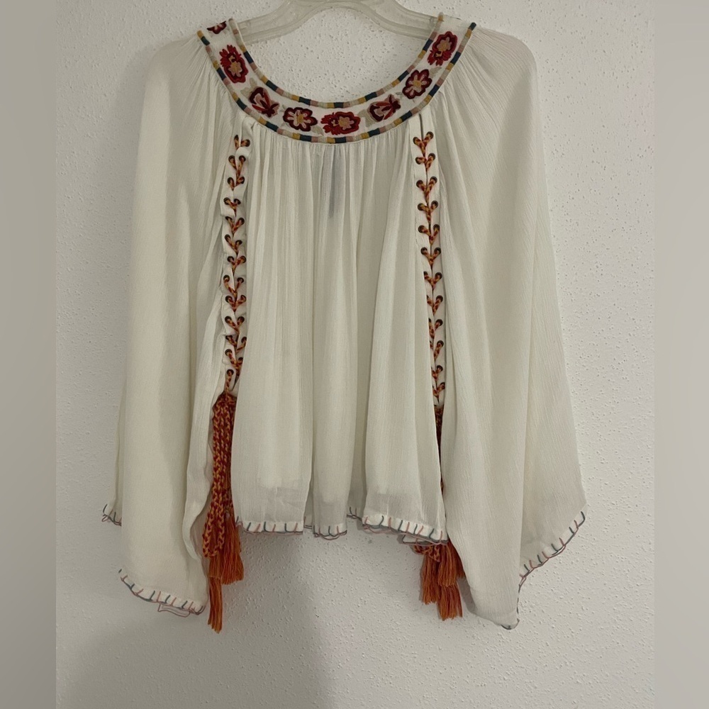 ban jara Boho Festival Embroidered Peasant top White SZ Small - Picture 3 of 14